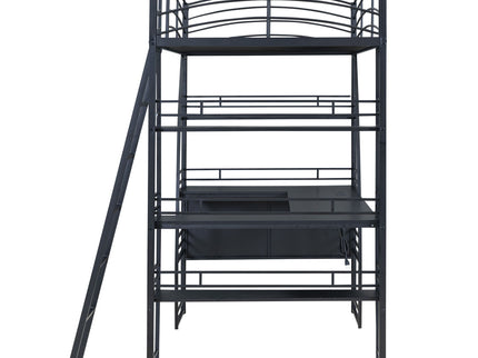 Loft Bed With 4 Layers Of Shelves And L-Shaped Desk, Stylish Metal Frame Bed With A Set Of Sockets, USB Ports And And Wireless Charging