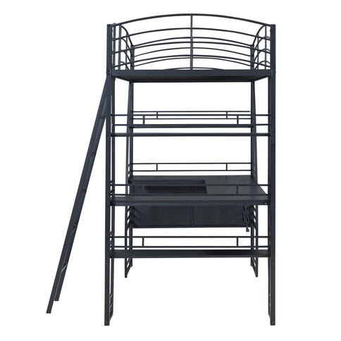 Loft Bed With 4 Layers Of Shelves And L-Shaped Desk, Stylish Metal Frame Bed With A Set Of Sockets, USB Ports And And Wireless Charging