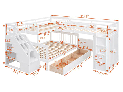 L Shaped Bunk Bed With 3 Drawers, Portable Desk And Wardrobe