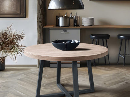 Round Dining Table With Wire Brushed Mindi Top And Mahogany Base - Wheat