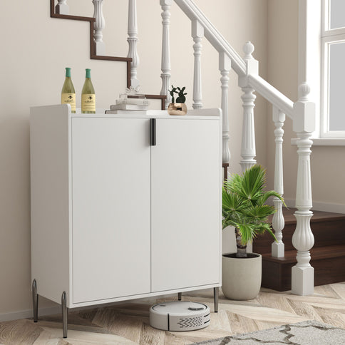 2 Door Wine Bar Cabinet With Adjustable Shelf, Soft-Closing Hinges, And High Feet - White