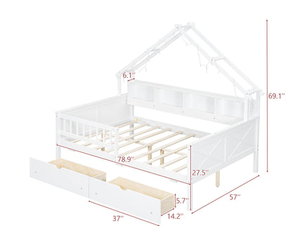 House Style Platform Bed With LED Lights, Storage Shelves, Drawers, And Guardrail