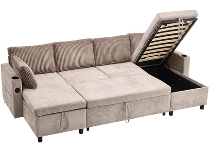 Sectional Sofa Bed With Pull Out Sleeper, USB Ports, Cup Holders
