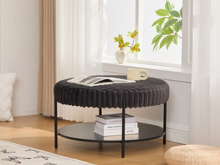 Modern Upholstered Round Ottoman Coffee Table With Storage Shelf