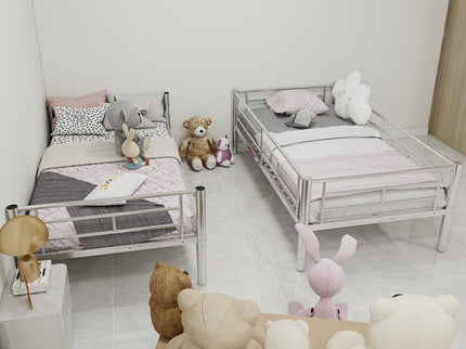 Metal Bunk Bed For Kids, Convertible Bedframe With Ladders & Guardrail