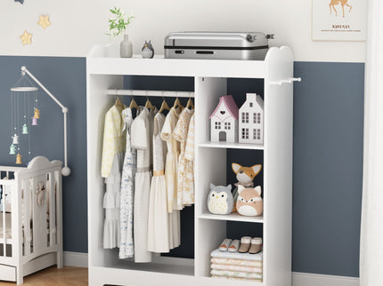 Dress Up Storage With Mirror And Hooks, Clothes Rack With Hanging Rod, 3 Side Hooks, Open Shelves, Top Shelf Organizer - White