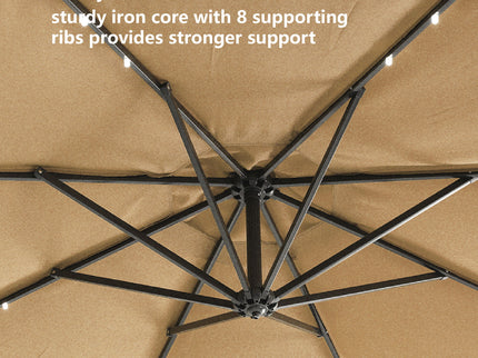 Outdoor Cantilever Patio Umbrella With 32 LED Lights 10 Ft Hanging Design Easy Open Adjustment Metal Frame - Taupe