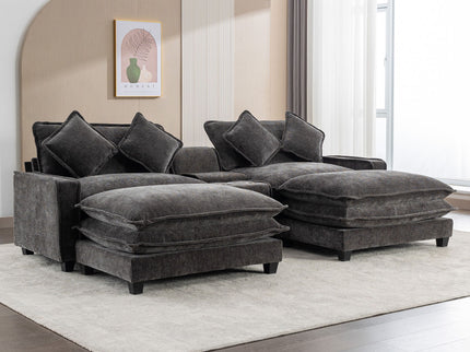 Modern Sectional Sofa With Removable Ottomans, USB Ports