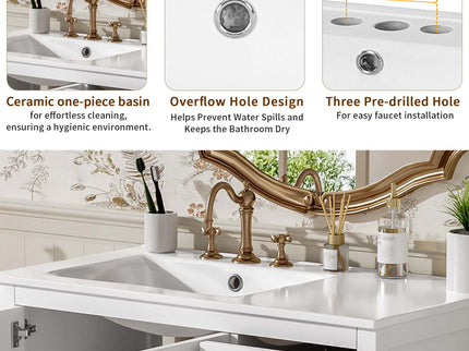 Bathroom Vanity With Sink, Soft-Close Doors, Adjustable U-Shelf, 3 Drawers