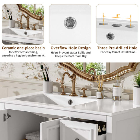 Bathroom Vanity With Sink, Soft-Close Doors, Adjustable U-Shelf, 3 Drawers