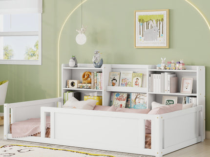 Platform Floor Bed With Guardrail Fence And Side Storage Shelves