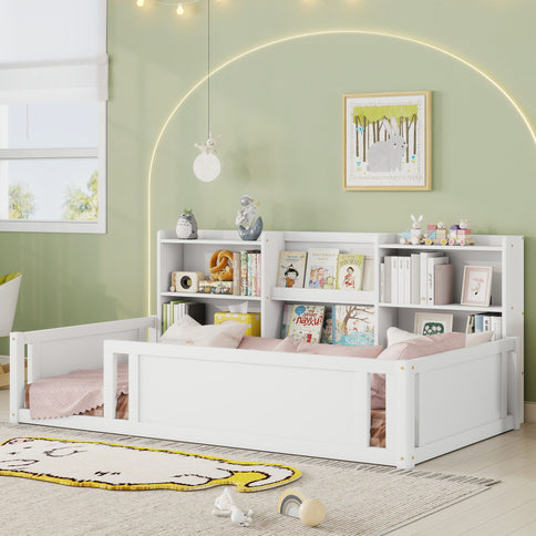 Platform Floor Bed With Guardrail Fence And Side Storage Shelves