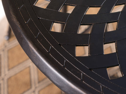 Elegant Cast Aluminum Round Bar Table With Romantic Filigree Design - Copper