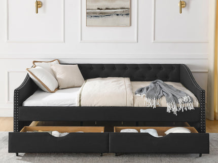 Upholstered Tufted Daybed With 2 Drawers, Waved Arms