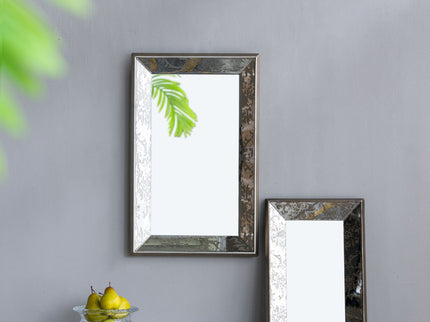 Antique Rectangle Mirror With Floral Accents, Mirrored Display Tray, Hanging Wall Mirror