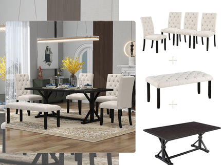 6 Piece Dining Table Set With Rectangular Wood Table, 4 Upholstered Chairs, Bench