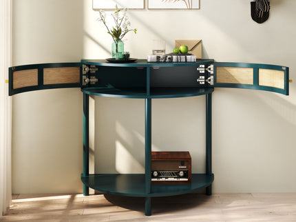 Boho Rattan Semi Circle End Table With Sliding Rattan Door, Storage And Bottom Shelf