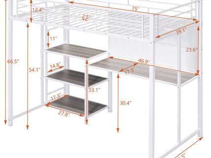 Metal Loft Bed With Desk, 3 Shelves And Ladder