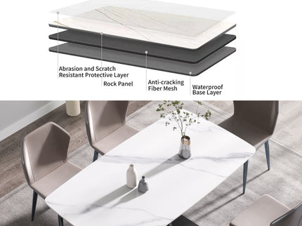 70.87" Modern Artificial Stone White Curved Black Metal Leg Dining Table, Can Accommodate 6-8 People - White / Black