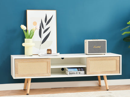 55.12" Rattan TV Cabinet, Double Sliding Doors For Storage, Adjustable Shelf, Solid Wood Legs, TV Console For Living Room