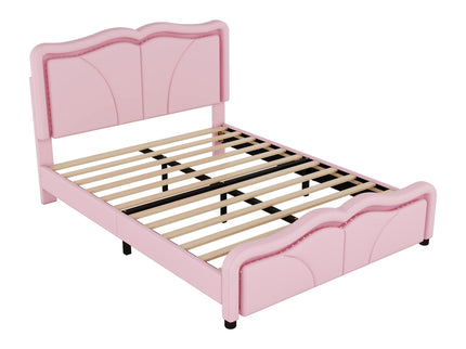 Upholstered Platform Bed & Curve Shaped And Height Adjustable Headboard, LED Light Strips
