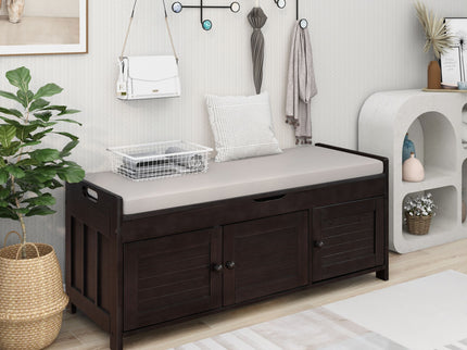 Storage Bench With 3 Shutter-Shaped Doors, Shoe Bench With Removable Cushion And Hidden Storage Space