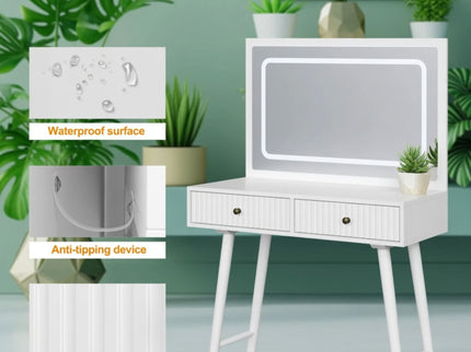 Fluted Vanity Desk With Lighted Mirror & Outlet 4 Drawer, Makeup Table - White