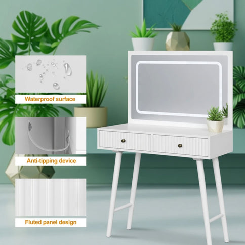 Fluted Vanity Desk With Lighted Mirror & Outlet 4 Drawer, Makeup Table - White
