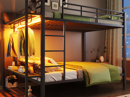 Bunk Bed With Storage Shelves, Clothes Hooks, LED Light