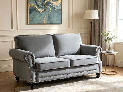 Loveseat Sofa With Nailhead Detail & Turned Legs, 2 Seater Upholstered Couch