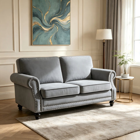 Loveseat Sofa With Nailhead Detail & Turned Legs, 2 Seater Upholstered Couch