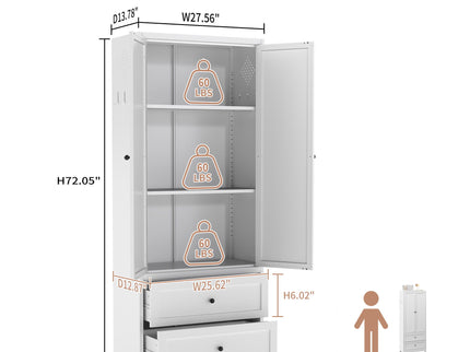 Pantry Cabinet With 2 Drawers, Freestanding Kitchen Storage Cabinet With Adjustable Shelves, Heavy-Duty Organizer For Spices, Dishware, Small Appliances - White