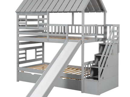 House Bunk Bed With Trundle, Storage Staircase, Roof And Window Design