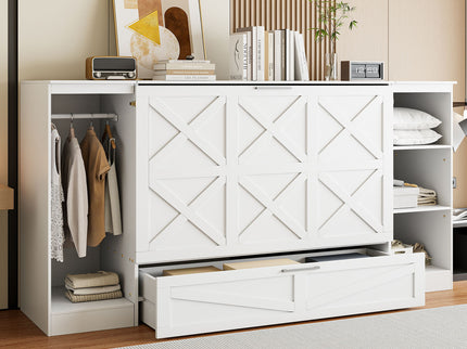 Twin Size Murphy Bed With Bedside Shelves And Wardrobe - White