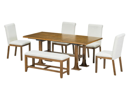 Topmax - 6 Piece Farmhouse Extendable Dining Table Set Trestle Kitchen Table Set With Removable Leaf And Upholstered Dining Chair And Bench For Dining Room