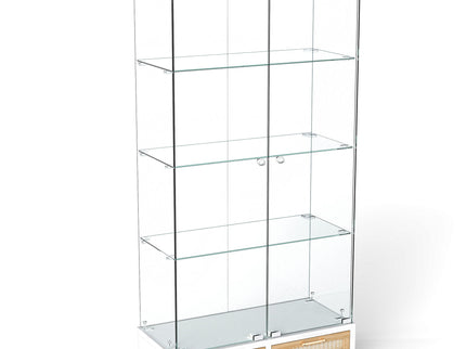 Glass Display Cabinet With LED Lights, Tempered Glass Doors, Large Drawers, 2 Door Storage Case With 4 Shelves - Natural / White