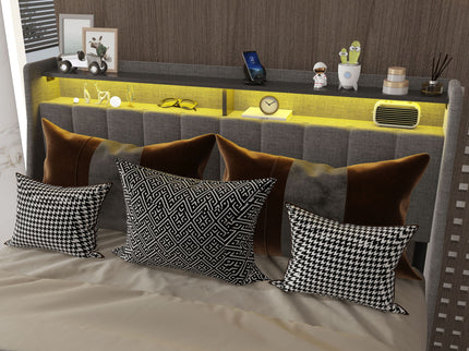 Bed With LED Lights, 4 Drawers, Winged Headboard Upholstered