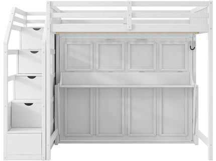 Full Long Loft Bed With Storage Staircase, Murphy Bed, LED Light - White