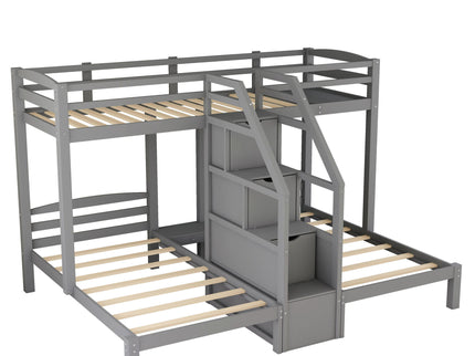 Twin Over Twin & Twin Bunk Bed With Built In Staircase And Storage Drawer - Gray