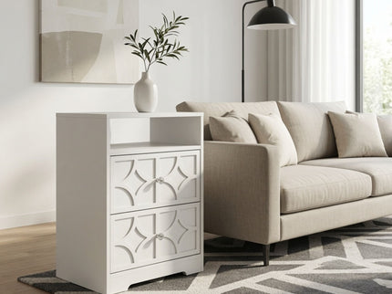 Nightstand With Diamond Carvings Handles, 2 Drawers & Charging Station