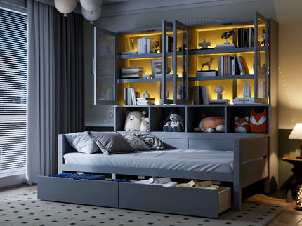 Daybed With Glass Door Storage Cabinets, Built In LED Lighting And Shelves
