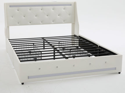 Wingback Upholstered Bed Frame With LED Lights, Charging Station