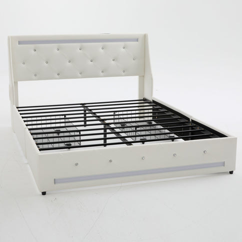 Wingback Upholstered Bed Frame With LED Lights, Charging Station