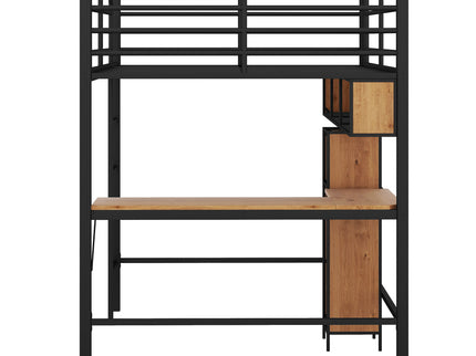 Full Size & Loft Bed With L-Shaped Desk And Shelves - Black