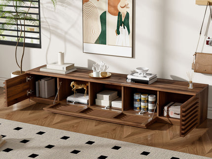 TV Stand For TVs, Entertainment Center With Cable Management And Soft Closing Hinges - Walnut