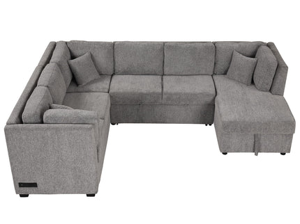 U-Shaped Sectional Sofa Pull Out Sofa Bed With Two USB Ports, Two Power Sockets, Three Back Pillows And A Storage Chaise For Living Room