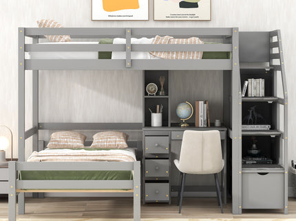 Loft Bed With Stand Alone Bed, Storage Staircase, Desk, Shelves, And Drawers