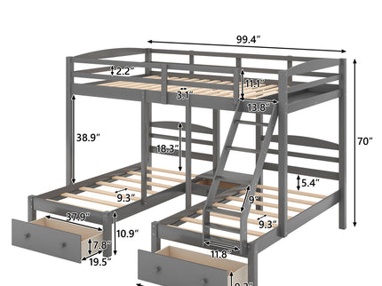 Full Over Twin & Twin Bunk Bed, Triple Bunk Bed With Drawers - Gray