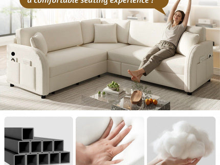 L-Shaped Couch With Pull-Out Bed, Oversize Convertible Sleeper Sofa With Side Pocket & USB Port