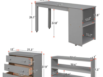 Loft Low Study Bed With Cabinet, Shelves And Rolling Portable Desk, Multiple Functions